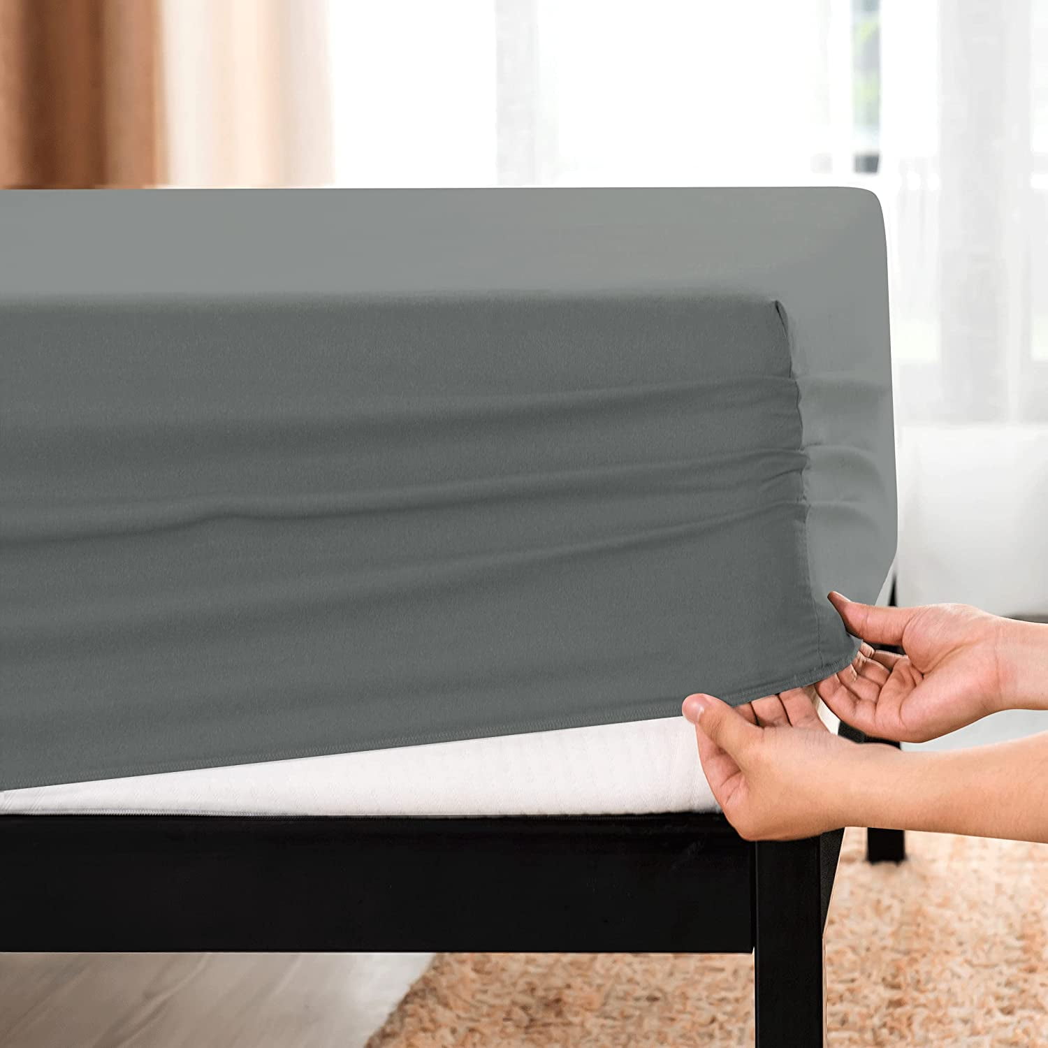 Subrtex Bedding Fitted Sheet Stain Resistant Soft Brushed Microfiber Single 1 Fitted Sheet for Mattress (King, Light Gray)