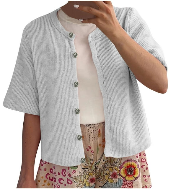 WRKEKC Cardigan Sweaters for Women Solid Color Crew Neck Button Half Sleeve Casual Open Front Knitted Sweater Top for Women Fall Winter Trendy Outfits