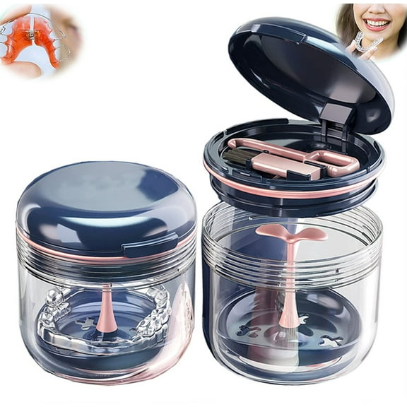 Tutuviw Retainer Case Leak-Proof Denture Bath Cup with Mirror and Brush Retainer Cleaner Case Box Night Mouth Guard Case Holder Storage Soak Container with Drain Tray for Travel Cleaning (Dark Blue)