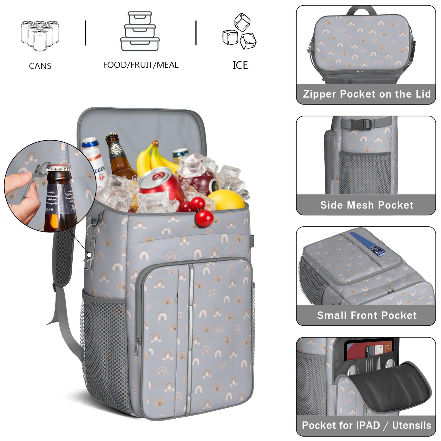 Travel Cooler Bag - Boho Bohemia Rainbow Camping Beer Cooler Backpack with Bottle Opener- Waterproof Insulated Picnic Backpacks - Cooler Bag for Beach