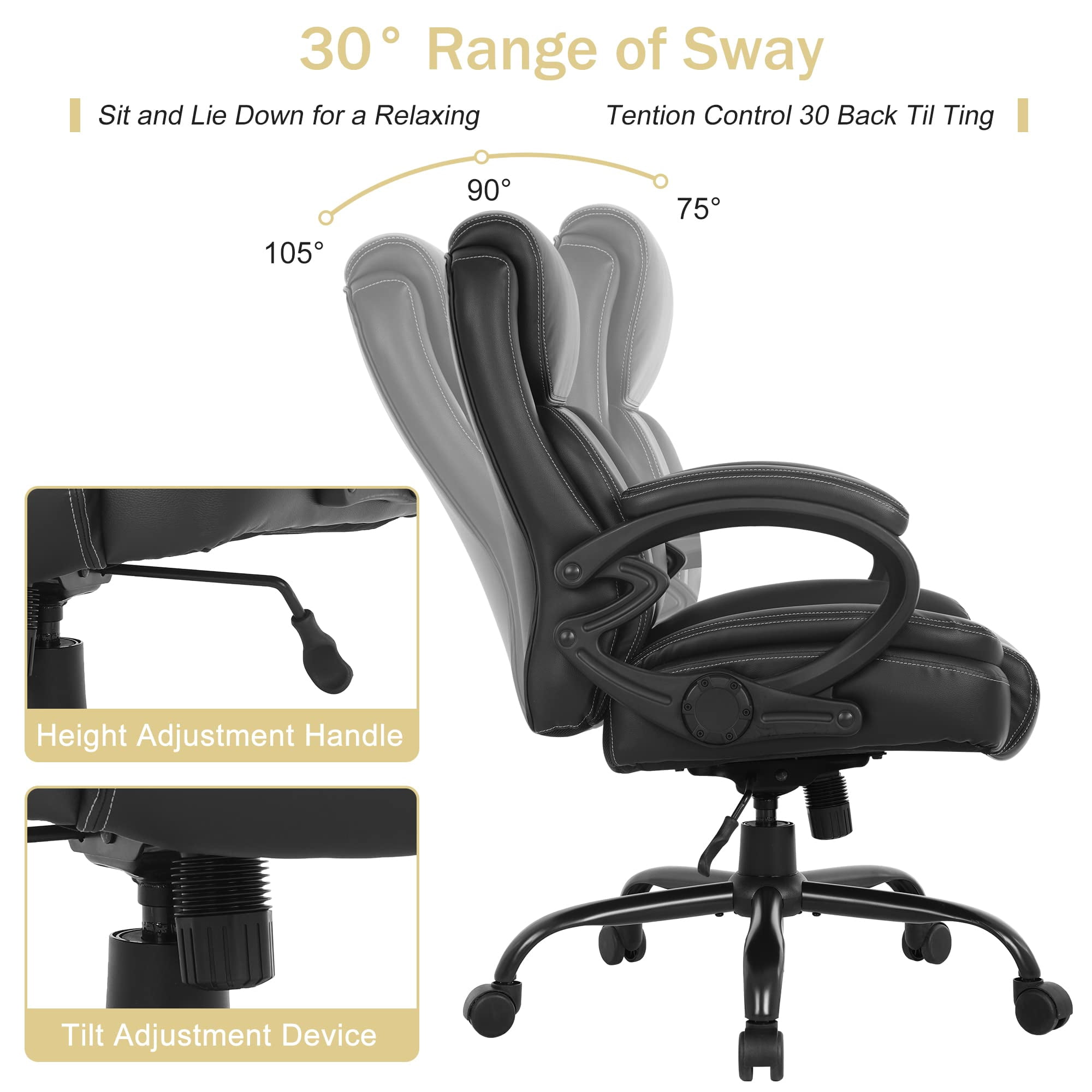 400lb Heavy Duty Office Chair, Ergonomic 43" H High-Back Executive Chair with Adjustable Lumbar Support