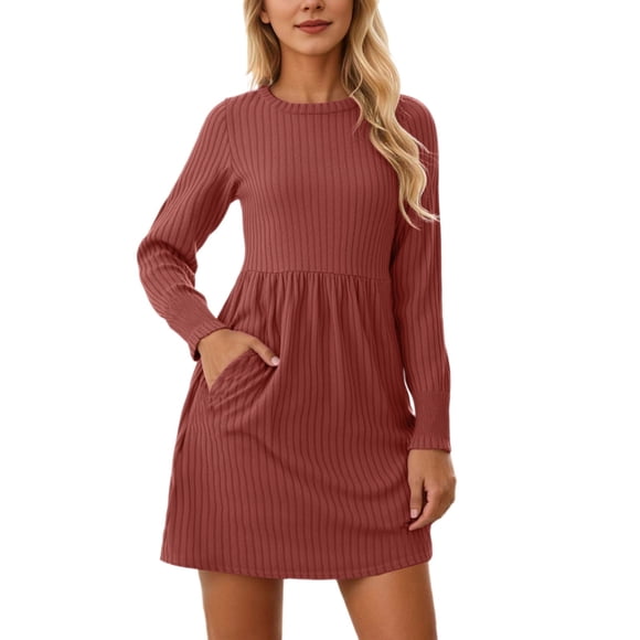 Casual Long Sleeve Dress Solid Color Round Neck Belted Waist With Pockets Fall Everyday Tunic