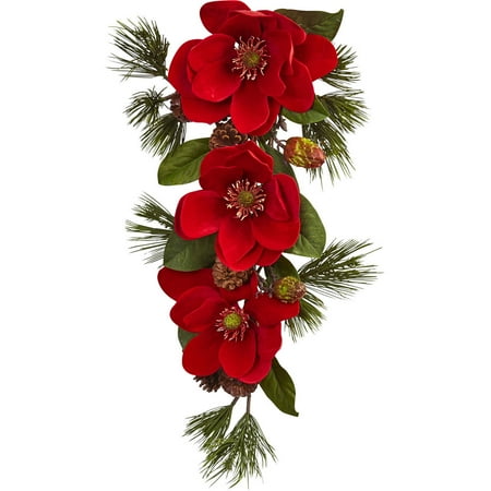 Nearly Natural 26" Red Magnolia and Pine Teardrop