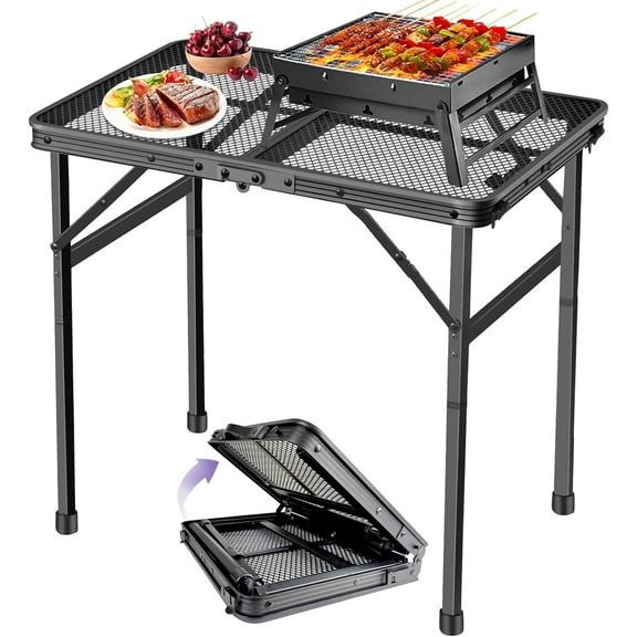 Camping Table Folding Grill Table, Small Foldable Table Height Adjustable, Portable Metal Picnic Table for Outdoor, Black, 2x1.3FT