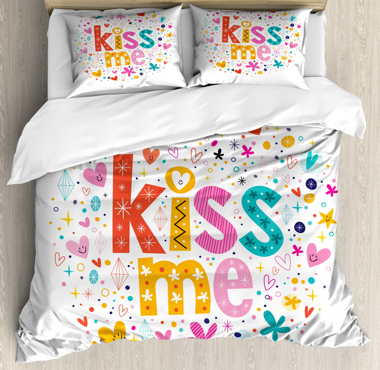 Kiss Me King Size Duvet Cover Set Retro Romantic Typography With