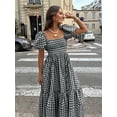 thumbnail image 2 of Black And White Plaid Square Neck Puff Sleeve Tiered Midi Dress For Women, 2 of 6