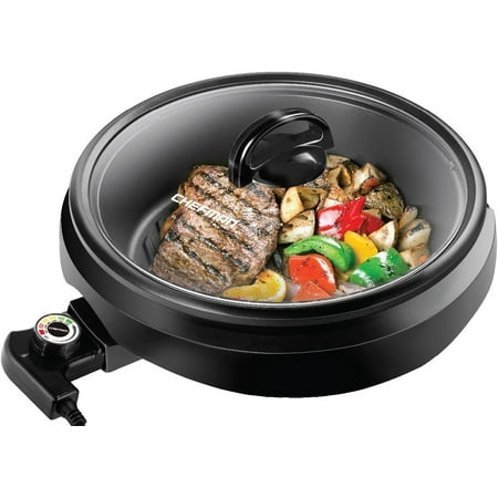 generic 3-In-1 Electric Indoor Grill Pot & Skillet, Slow Cook, Steam, Simmer, Stir Fry, 10-Inch Nonstick Raised Line Griddle Pan, Temperature Control, Tempered Glass Lid, 3-Quart, Black-Round