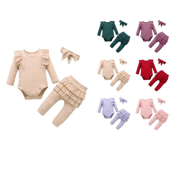 Loopsun Girls Long Sleeve Round Neck Shirts Romper Pants and Headband 3 Piece Ruffle Sleeve Casual Outfit Red, 18-24 Months