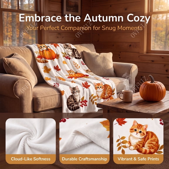 Thanksgiving Fall Throw Blanket 27x39in Flannel Plush Couch Cover, Cute Autumn Pumpkin Maple Print Blanket for Sofa Bed Camping, Warm Fall Halloween Decorations Gift by OVFUIZ