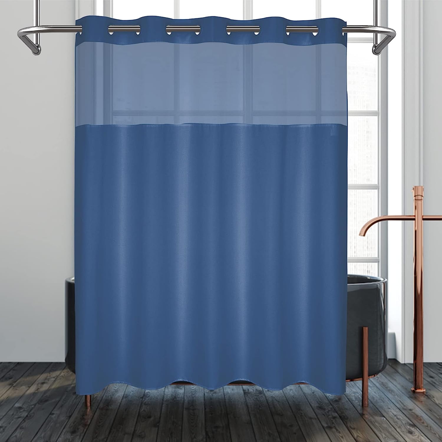Navy Blue Fabric Shower Curtain with Sheer Window, WaterRepellent, No