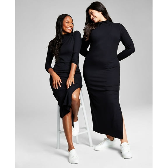 Plus Size Ribbed High-Neck Midi Bodycon Dress Deep Black 2X