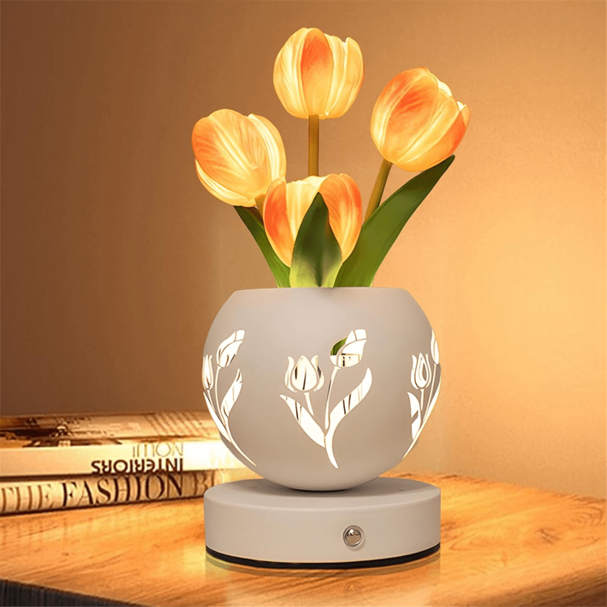 Tulip Night Light Artificial Flower Desk Lamp with Cut-Out Vase USB Charging 3 Color Stepless Dimmin Orange&White PU+Iron Art