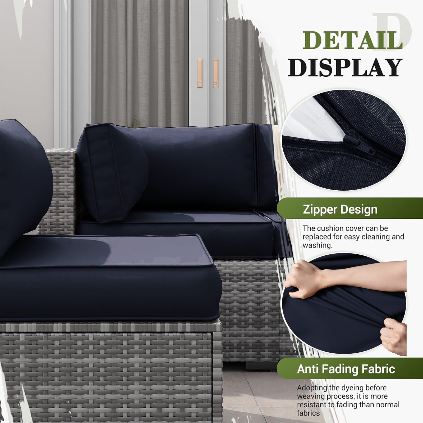 PUKNLY Outdoor Furniture Replacement Cushions, Fits 6-seat Sectional Rattan Conversation Set, 14 Piece Patio Water-Resistant Replacement Sofa Cushions, Liner&Cover