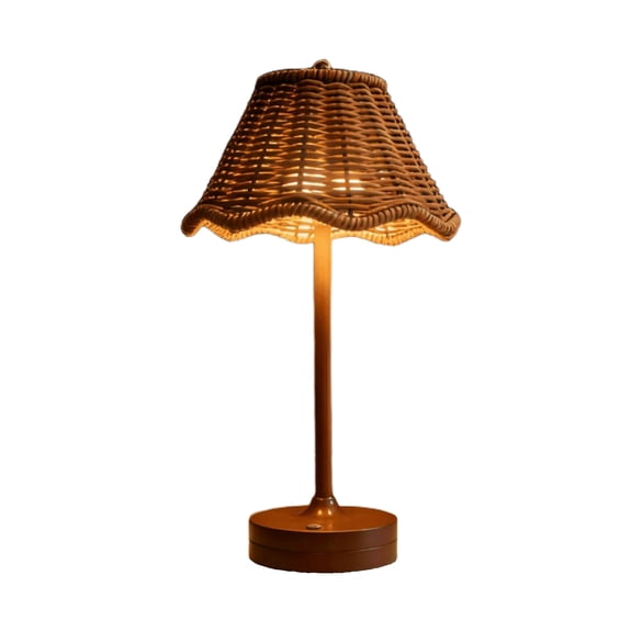 Shipiny Vintage Rattan LED Table Lamp, Rechargeable Touch Dimmable Bedside Lamp with Scalloped Woven Shade, Perfect for Bedroom, Living Room and Patio., Brown