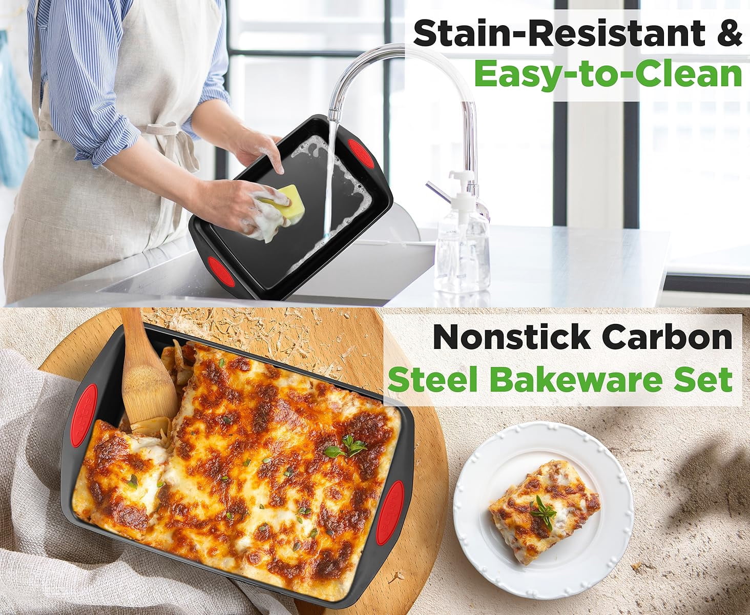 CHEF LANG Nonstick Bakeware Set - 5 Piece Baking Pan Tray Set With Silicone Handles & Utensils, Baking Sheet, Carbon Steel Cookie Sheets, Baking Dish, Baking Pans, Black