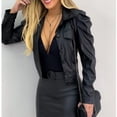 thumbnail image 5 of Lyinloo Women's Street Short Lapel Frayed Breasted Denim Puff Sleeve Slim Leather Jacket Black XXL, 5 of 6