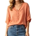 thumbnail image 4 of Zynoxe Womens Casual Cotton Linen Tops for Daily Wear Solid Color Button V-neck Short Sleeve Tops Peasant Gauze Loose Versatile Plus Size Tops Orange XXL, 4 of 8