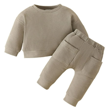 

Bodysuit for Kids Swimsuit Baby Fall Outfits Solid Color Long Sleeve Sweatshirt Tops Pants Set Winter Clothes for Boys Girls Khaki 9-12 Months Fall Outfit Clothes