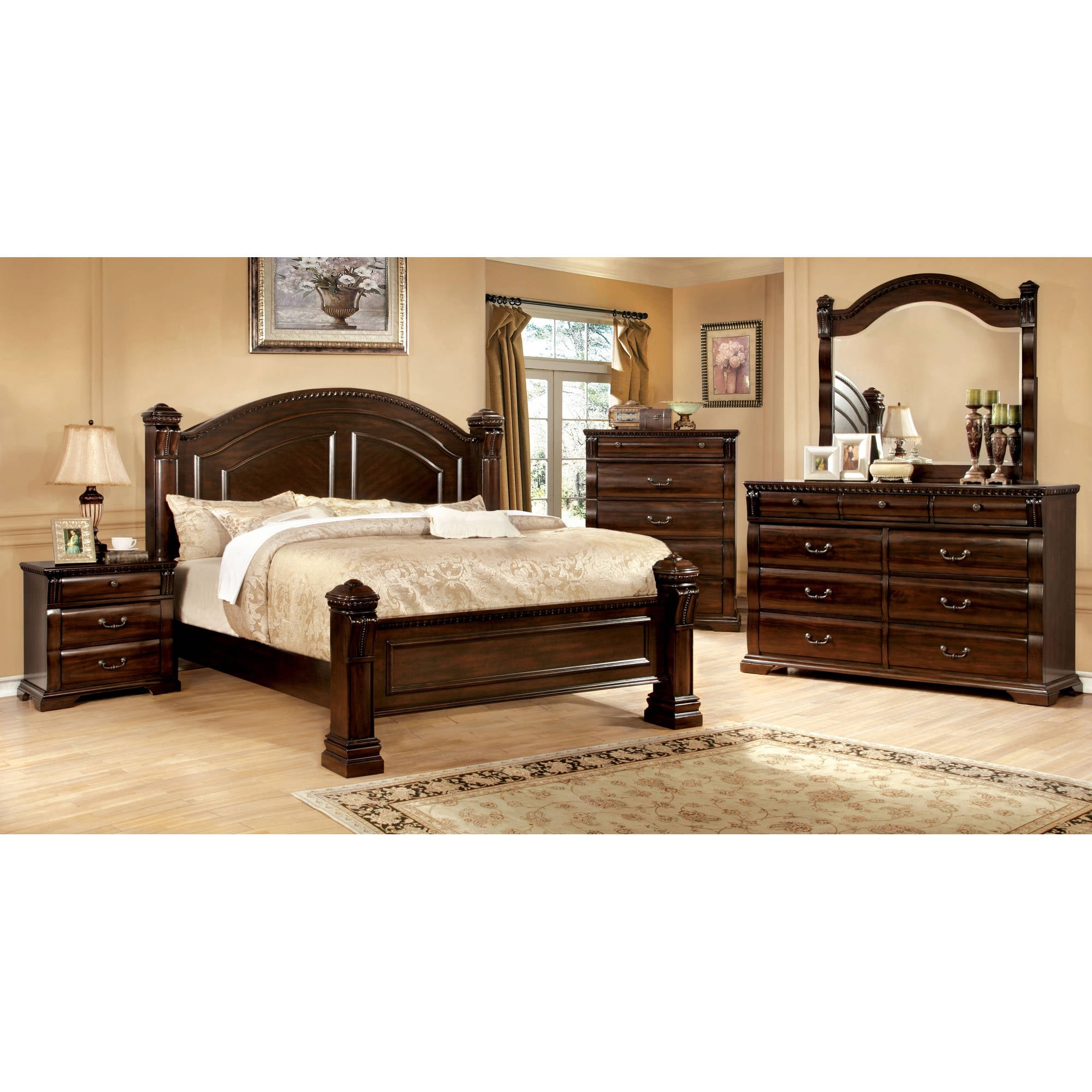 Furniture of America Nielene Transitional Nightstand with 3-Drawer, Cherry
