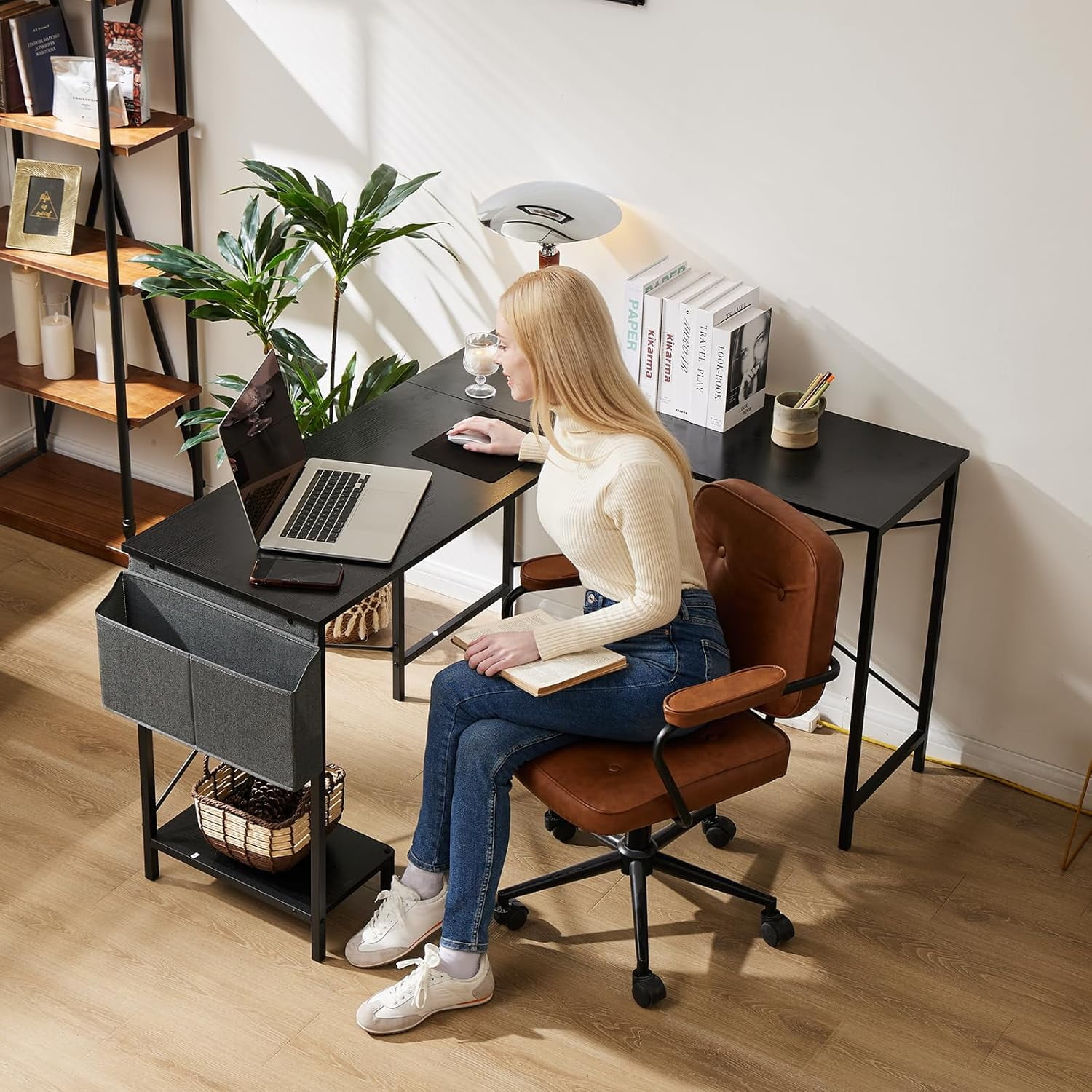 Bigleap L Shaped Computer Desk - Gaming Table Corner Desk 50 Inch PC White Writing Desk Study Desks with Wooden Desktop CPU Stand Side Bag Reversible for Home Office Room Small Space，Black
