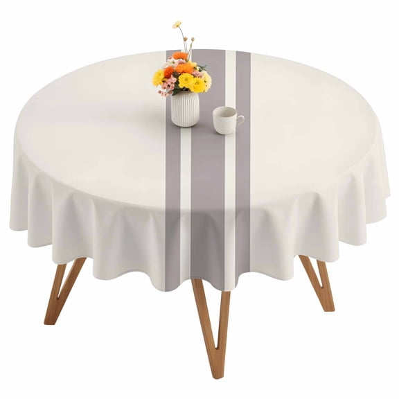 Farmhouse Gray Round Tablecloth 54 inches Sripes Cream Background Waterproof Oil-Proof Table Cloth Round Table Cover for Holiday Party Picnic Dinner Decor Indoor and Outdoor Use