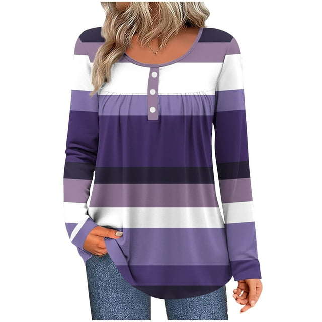 HAiming Womens Color Block Tops Striped Long Sleeve V Neck Button Pleated Casaul Pullover Blouse Trendy Clothes