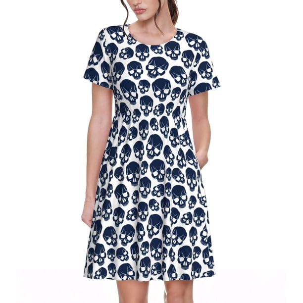 Fotbe black Skull white Vestido Largo de Moda para Mujer, Vestido Tipo Camiseta con Manga Corta y Estilo Casual a Rayas y Bloques de Color