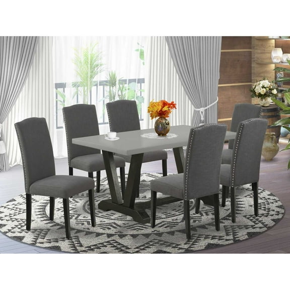 East West Furniture V696EN120-7 7-Pc Dining Room Set - 6 Dining Room Chairs and 1 Modern Rectangular Cement Dining Room Table with High Stylish Chair Back - Wire Brushed Black Finish