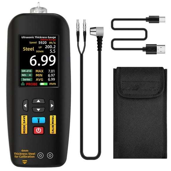 Ultrasonic Thickness Gauge, 1-300 mm Range with Color Display, with Probe for Measuring Metal Steel Silver Plastic PVC
