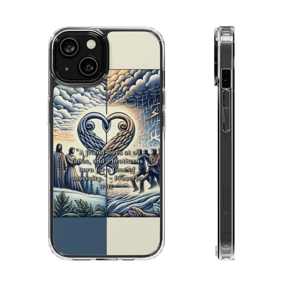 DistinctInk Hybrid (Acrylic / TPU) Clear Slim Fit Case for Apple iPhone 14 (6.1" Screen) - "A Friend's Unconditional Love: Proverbs 17:17"