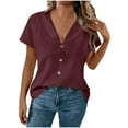 thumbnail image 3 of Bvxeep Women's Spring/Summer Fashion Casual Solid Color Button Collar Lapel Linen Short Sleeve T-shirt Top, 3 of 9