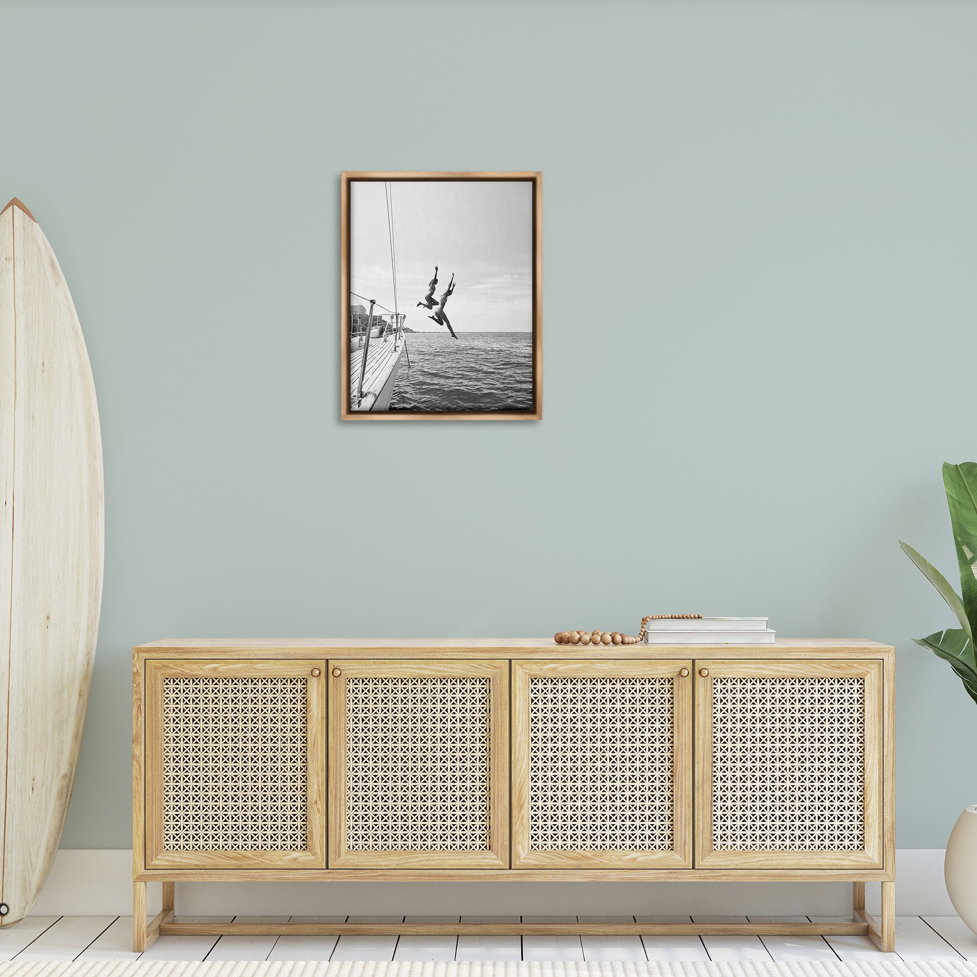 Stupell Industries People Diving from Boat Transportation Photography Brown Floater Framed Canvas Art Print Wall Art, 25 x 31