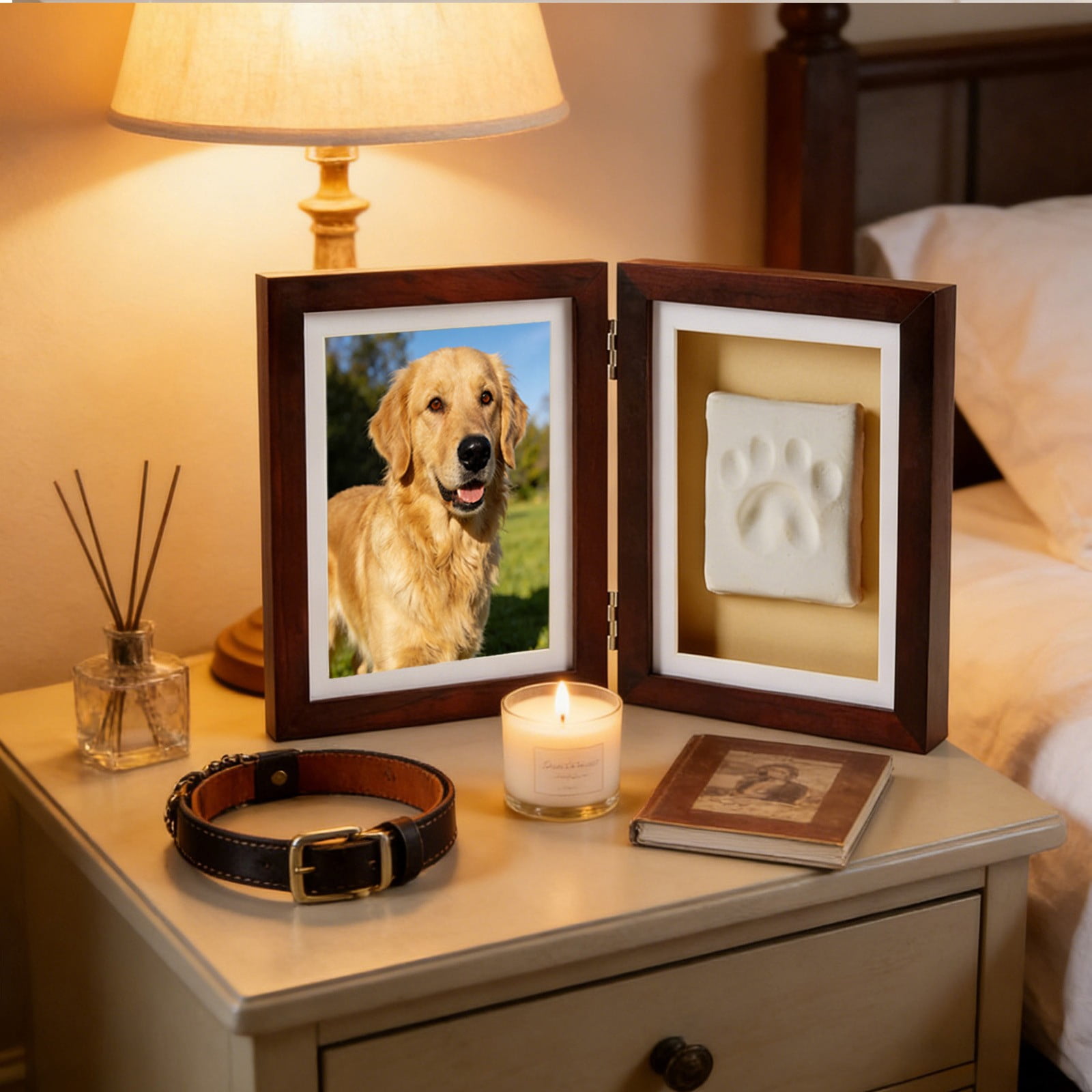 Pet Paw Print Photo Frame with Clay Imprint Kit, Wooden DIY Memorial Keepsake for Cats and Dogs, No Mess Clay for Perfect Paw Prints