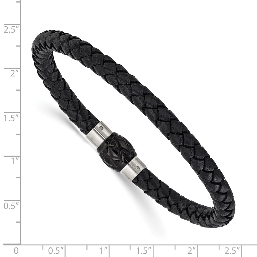 Diamond2Deal Stainless Steel Brushed and Polished Black Woven Leather Bracelet for Men 8.5"