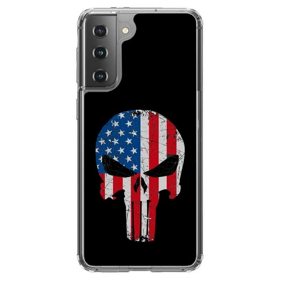 DistinctInk Clear Shockproof Hybrid Case for Galaxy S21 5G (6.2" Screen) - TPU Bumper, Acrylic Back, Tempered Glass Screen Protector - US Flag Skull Red White & Blue