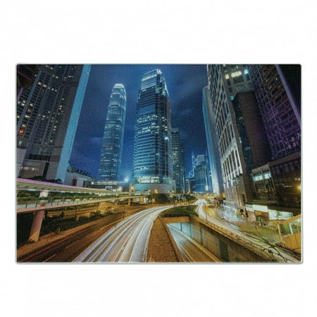 

City Cutting Board Fast Moving Cars at Hong Kong Highways Modern Life Speed Traffic Nighttime in the City Decorative Tempered Glass Cutting and Serving Board Small Size Multicolor by Ambesonne