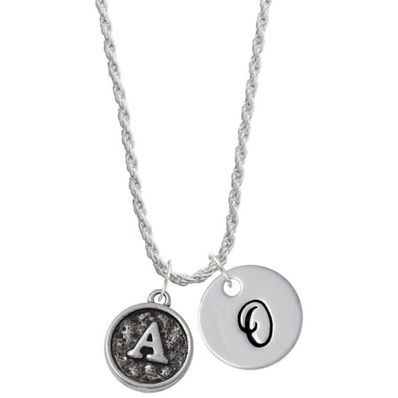Delight Jewelry Silvertone Antiqued Round Seal - Initial - A - Silvertone Script Initial Disc - O - Charm Necklace, 20"+3"