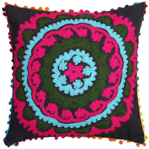 Stylo Culture Ethnic Chair Seat Throw Pillow Cover 17x17 Pom Pom Lace Black Stylish 43 x 43 cm Embroidered Suzani Cotton Floral Square Cushion Cover | 1 Pc