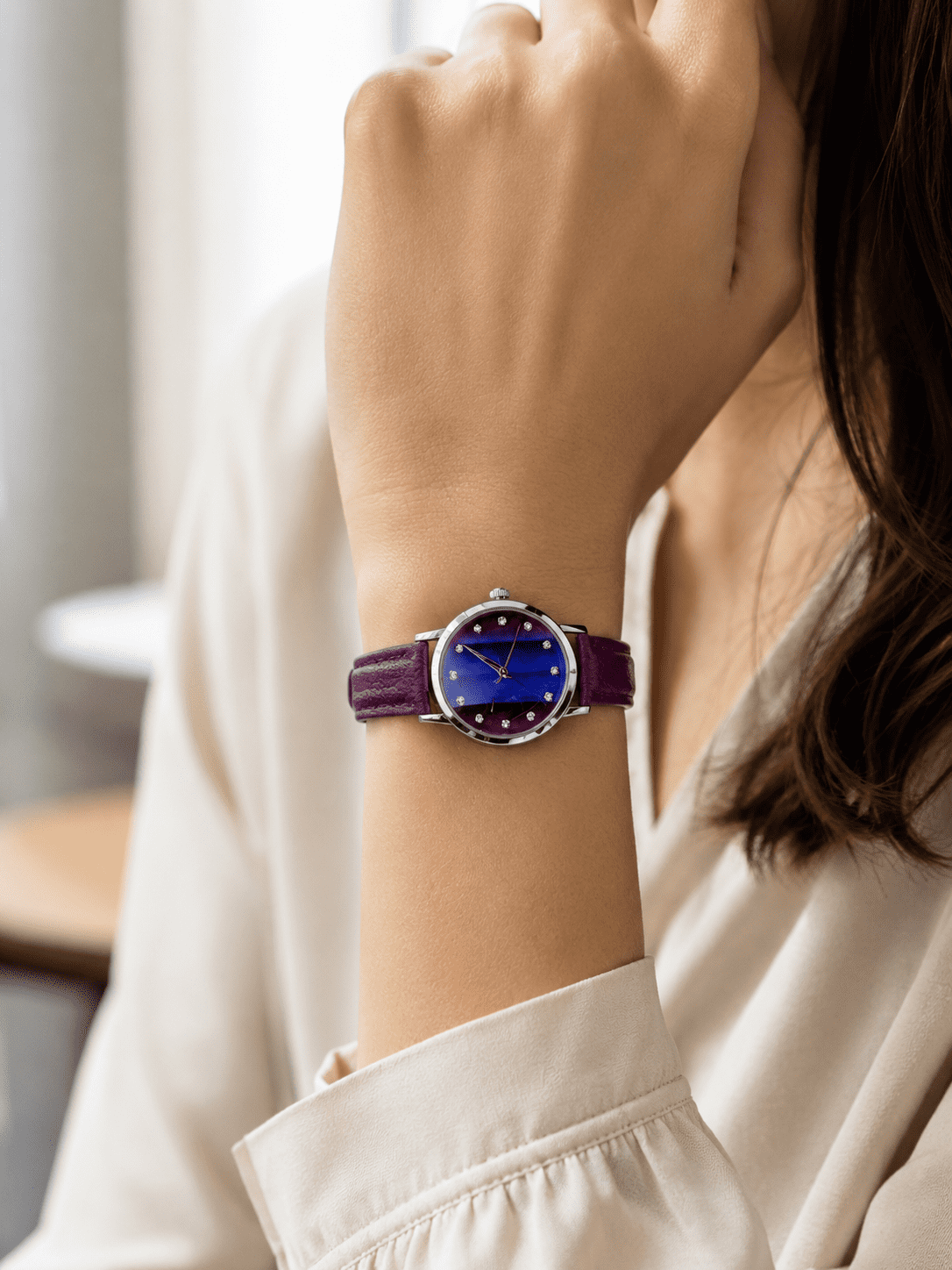 Silver Plated Watch with Purple Ombre Dial 12 Stones PU Strap – WM2015014