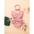 thumbnail image 3 of TSEXIEFOOFU Baby Summer Jumpsuit Outfit Solid Color Ruffled Toddler Girl Sleeveless Casual Rompers and Bow Headband, 3 of 6
