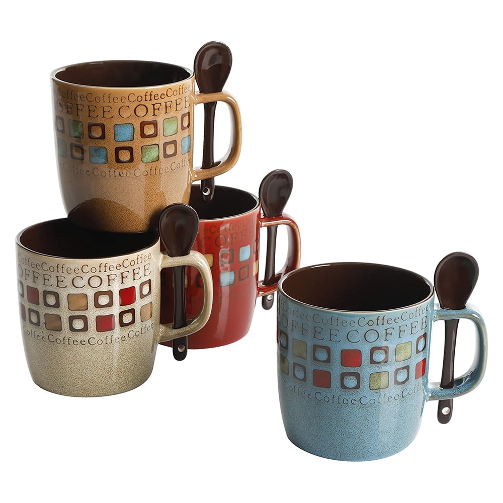 Mr. Coffee 90592.08RM Café Americano 8Piece 14 Ounce Mug Set with Spoons,  Assorted Styles/Color