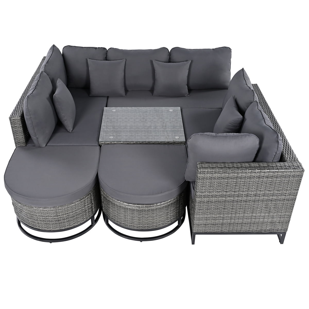 HighSound 7 Piece Patio Furniture Set, All-Weather Outdoor Wicker Sectional Conversation Sofa Rattan Patio Seating Sofa with Cushion, Glass Tables and Ottomans for Porch Poolside, Gray