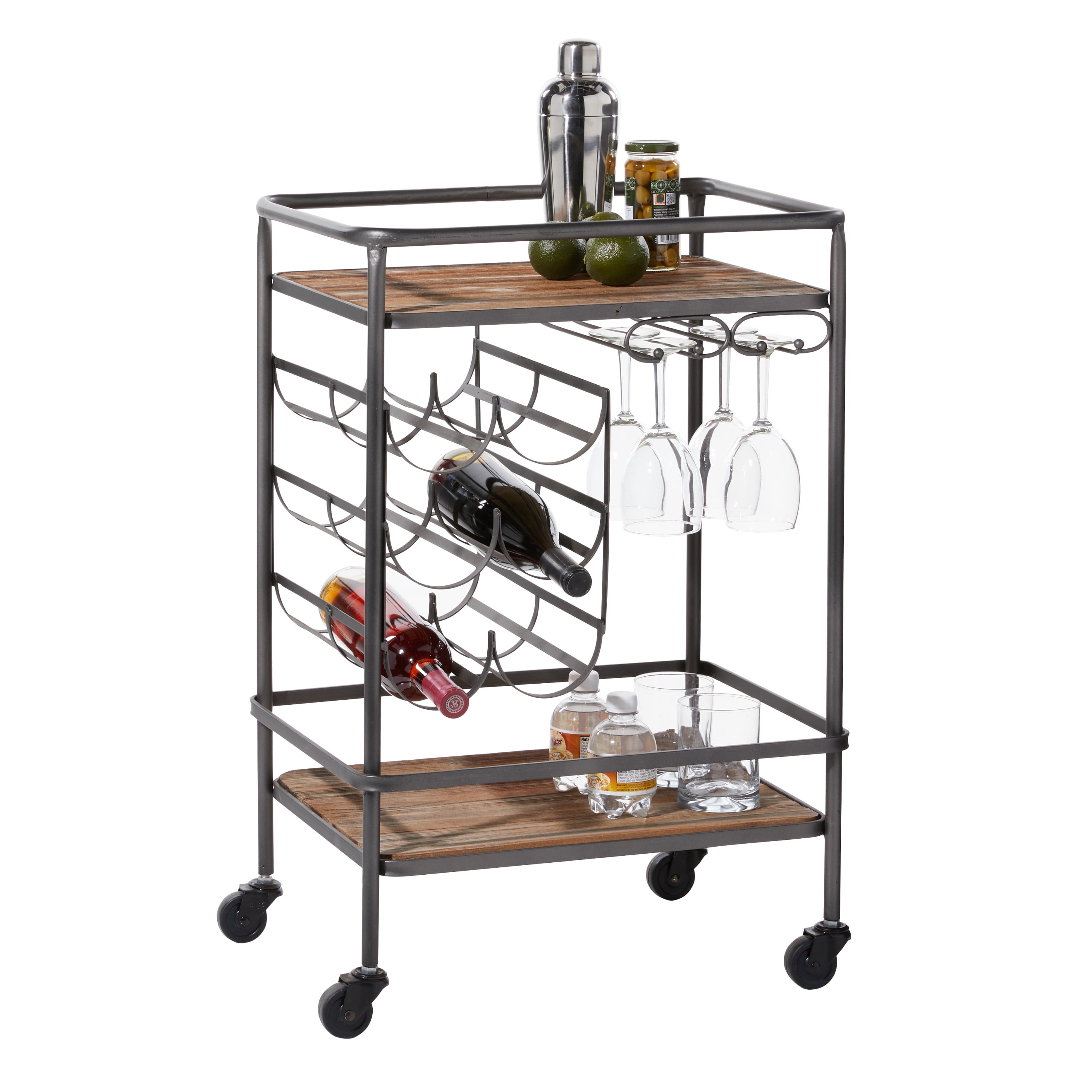 DecMode 20" x 30" Brown Wood Rolling 2 Shelves Bar Cart, 1Piece
