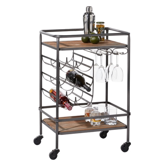 DecMode 20" x 30" Brown Wood Rolling 2 Shelves Bar Cart, 1-Piece