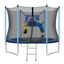 8FT Kids Trampoline, Trampoline Outdoor with Basketball Hoop, Enclosure Net and 2 Steps Ladder, Recreational Trampoline for Indoor, Outdoor and Backyard, Blue