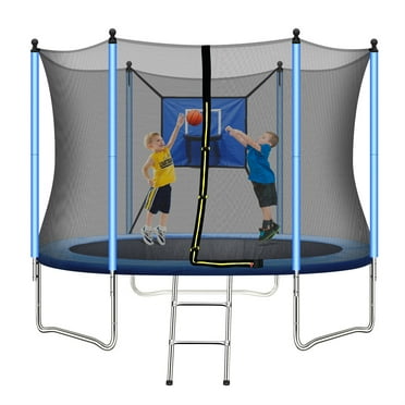 8FT Kids Trampoline, Trampoline Outdoor with Basketball Hoop, Enclosure Net and 2 Steps Ladder, Recreational Trampoline for Indoor, Outdoor and Backyard, Blue