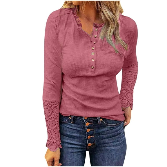Fesfesfes Women Sweatshirt Casual Solid Color Buttons Tops Long Sleeve Lace Splicing Blouse T-shirt Tops