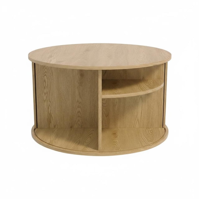 28 Inch Mid-Century Round Coffee Table, Fluted Wooden Center Table with Curved Sliding Door and Hidden Storage for Living Room