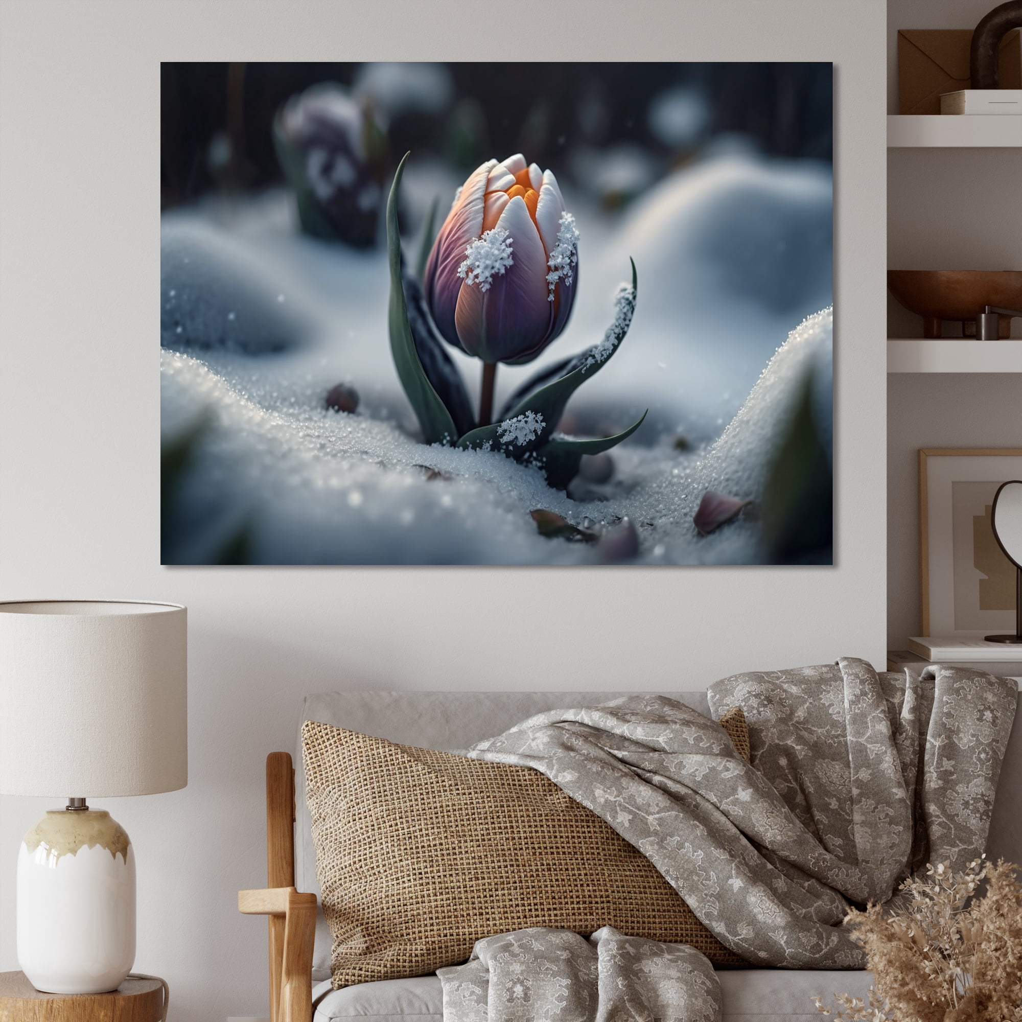 Designart A Blooming Multicolor Tulip Flower In Winter II Canvas Wall Art