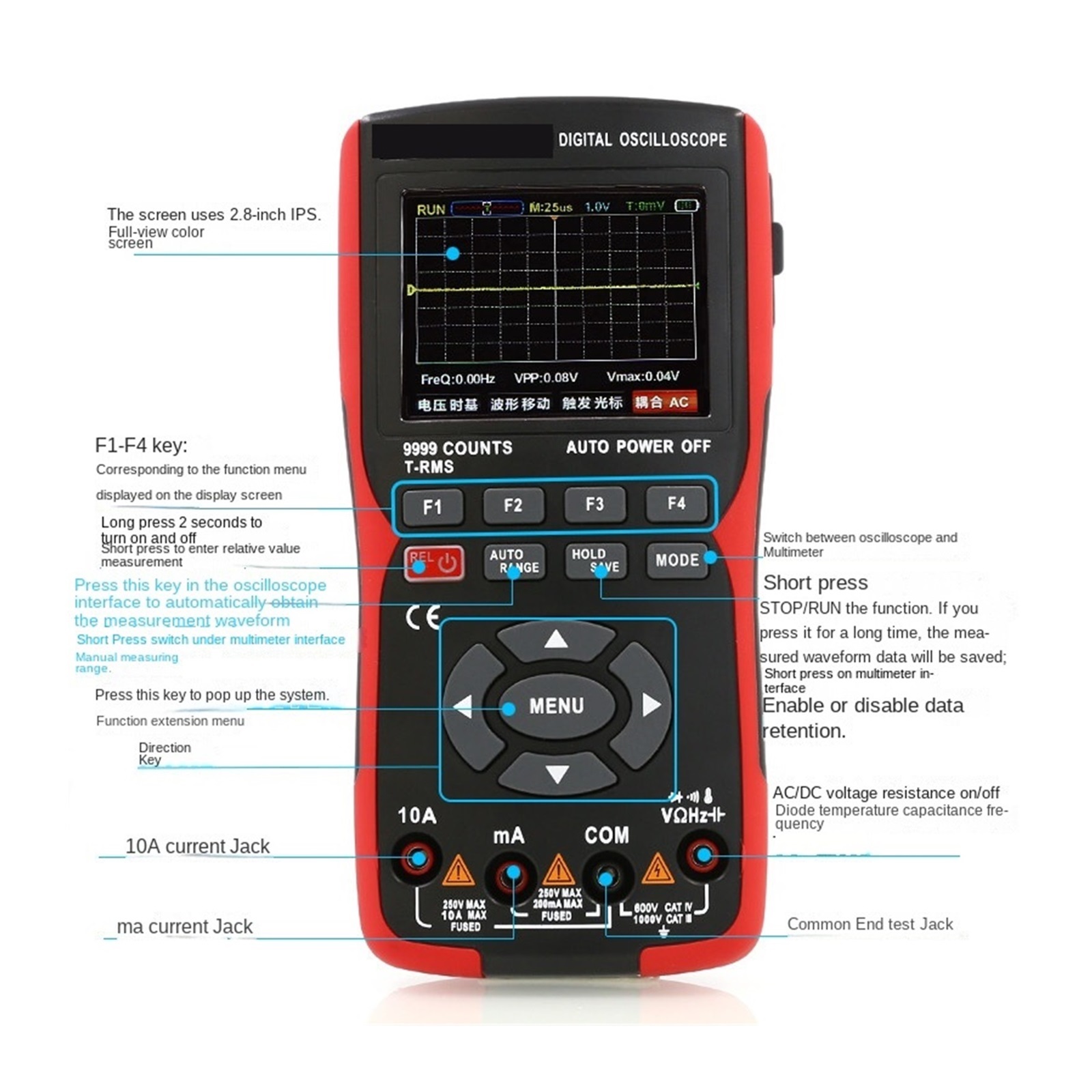 2In1 Digital Oscilloscope Multimeter Real-time Sampling Rate 48MSa/s True RMS Tester 2.8" Screen ,Professional Designed